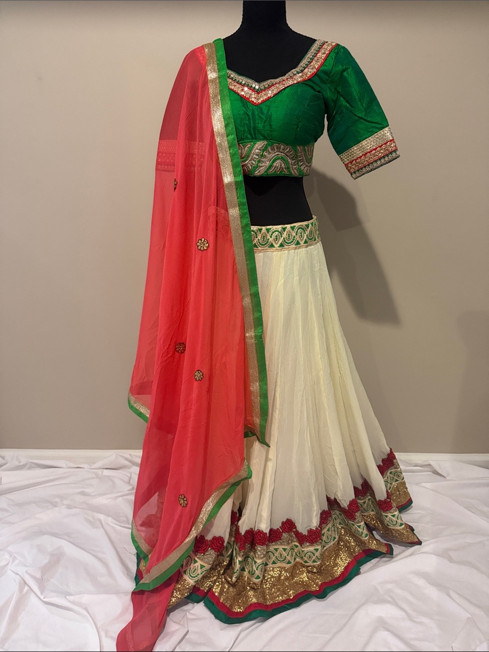 Traditional Green and Ivory Lehenga Skirt with Red Dupatta